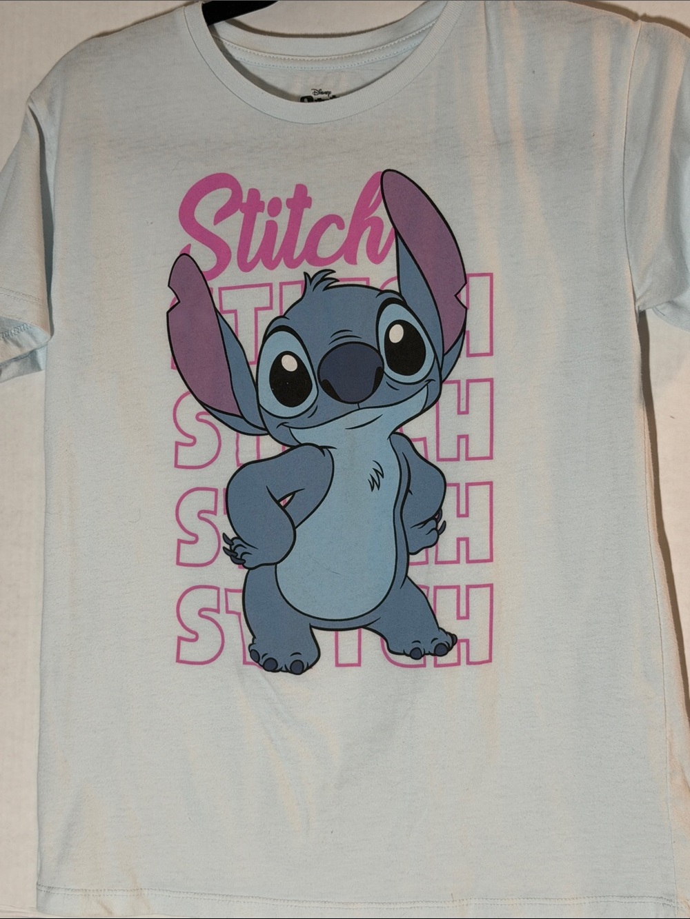 Disney Light Blue Tee with Blue Stitch and Pink Accents